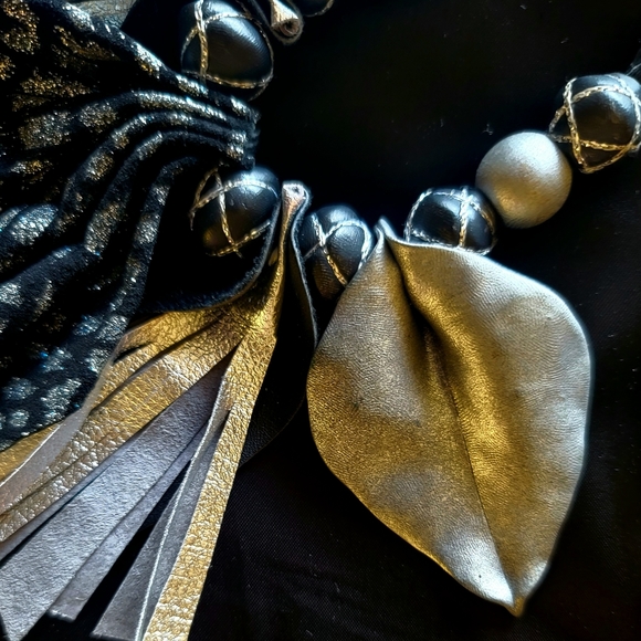 Elegant Hand Made Statement Leather Clay Bead 22" Necklace - Picture 2 of 5